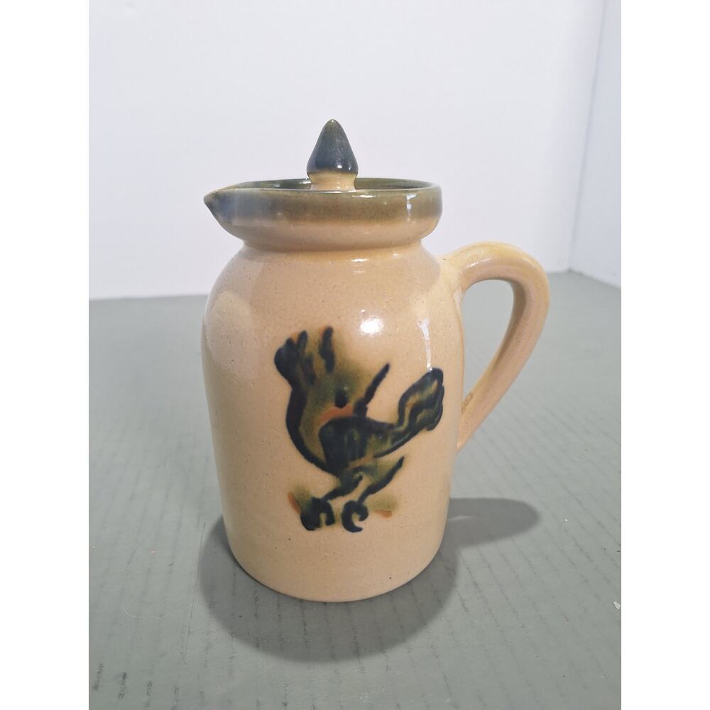 Vintage Watt Style Rooster Syrup Pitcher Yellowware Pottery Lid USA - Amazing!